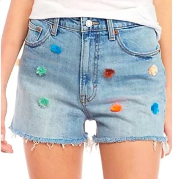 Lucky Brand Jean Shorts Size 28 Blue Denim Multicolour Pompoms Lucky‎ Pins NWT - Picture 2 of 13